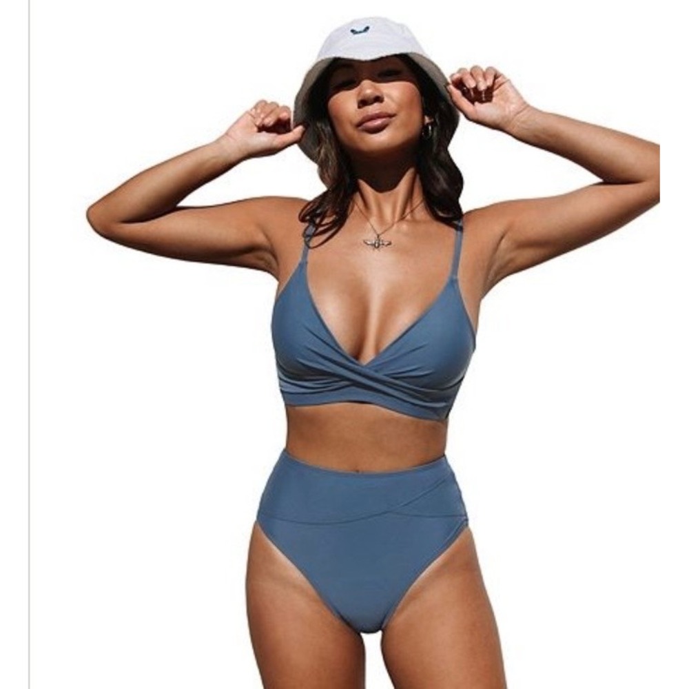 Cupshe Dusty Blue Wrap High Waisted Bikini Set  Large NEW